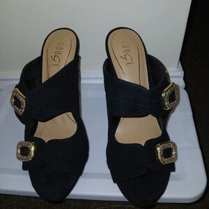 Rouge Helium Elegant Black Mules with Gold Buckles